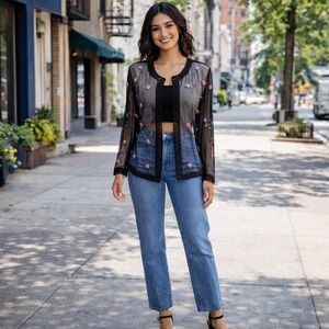 Kaity Sheer Mesh Cardigan Black Embroidered Beaded Floral Fairy Grunge Boho Top